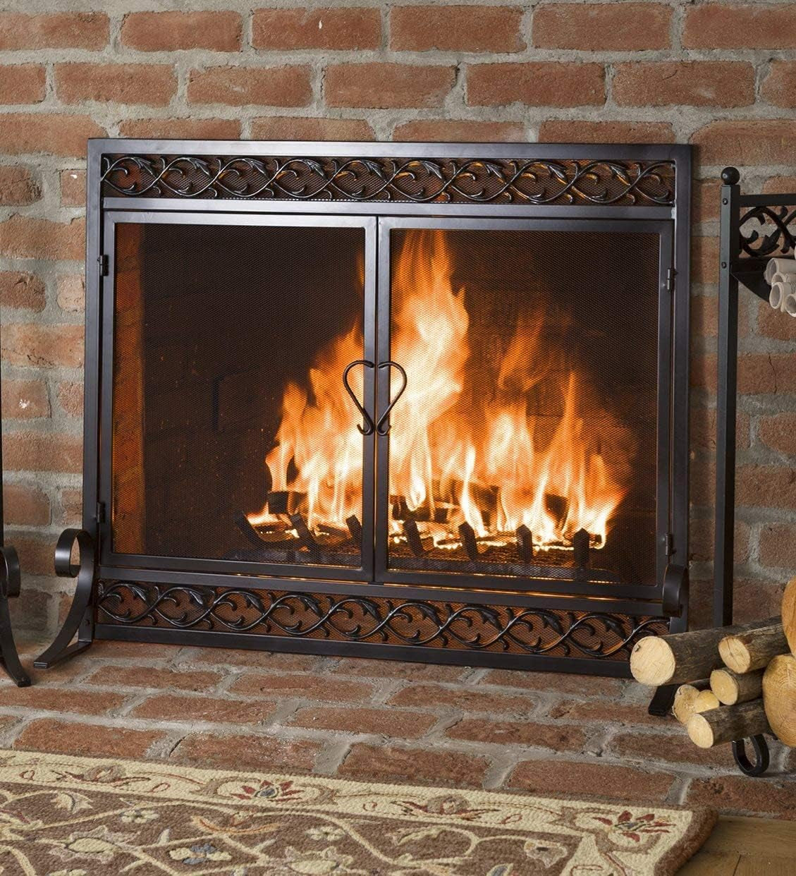 Metal Fireplace Screen Scrollwork Black | 38" W X 31½"H | 2 Door | Spark Guard Grate | Fire Place Cover | Wood Burning Stove Accessories