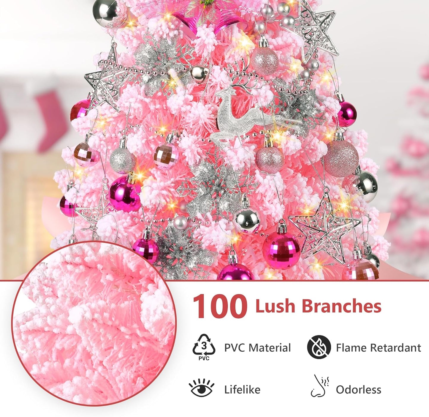 2FT Mini Flocked Pink Christmas Tree, Small Christmas Tree with Lights, Prelit Tabletop Christmas Tree with 100 Branch Tips and 40+ DIY Ornaments, Christmas Decorations Indoor and Gifts for Men Women