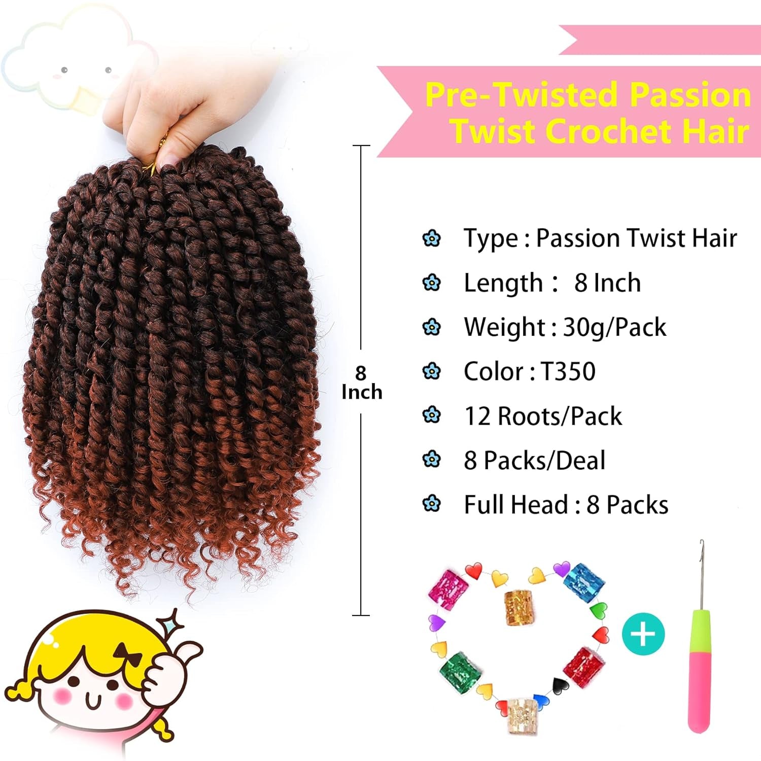 Passion Twist Hair 8 Inch, 8 Packs Passion Twist Crochet Hair for Black Women, Prelooped Crochet Twist Hair with Curly Ends (8Inch, T350#)