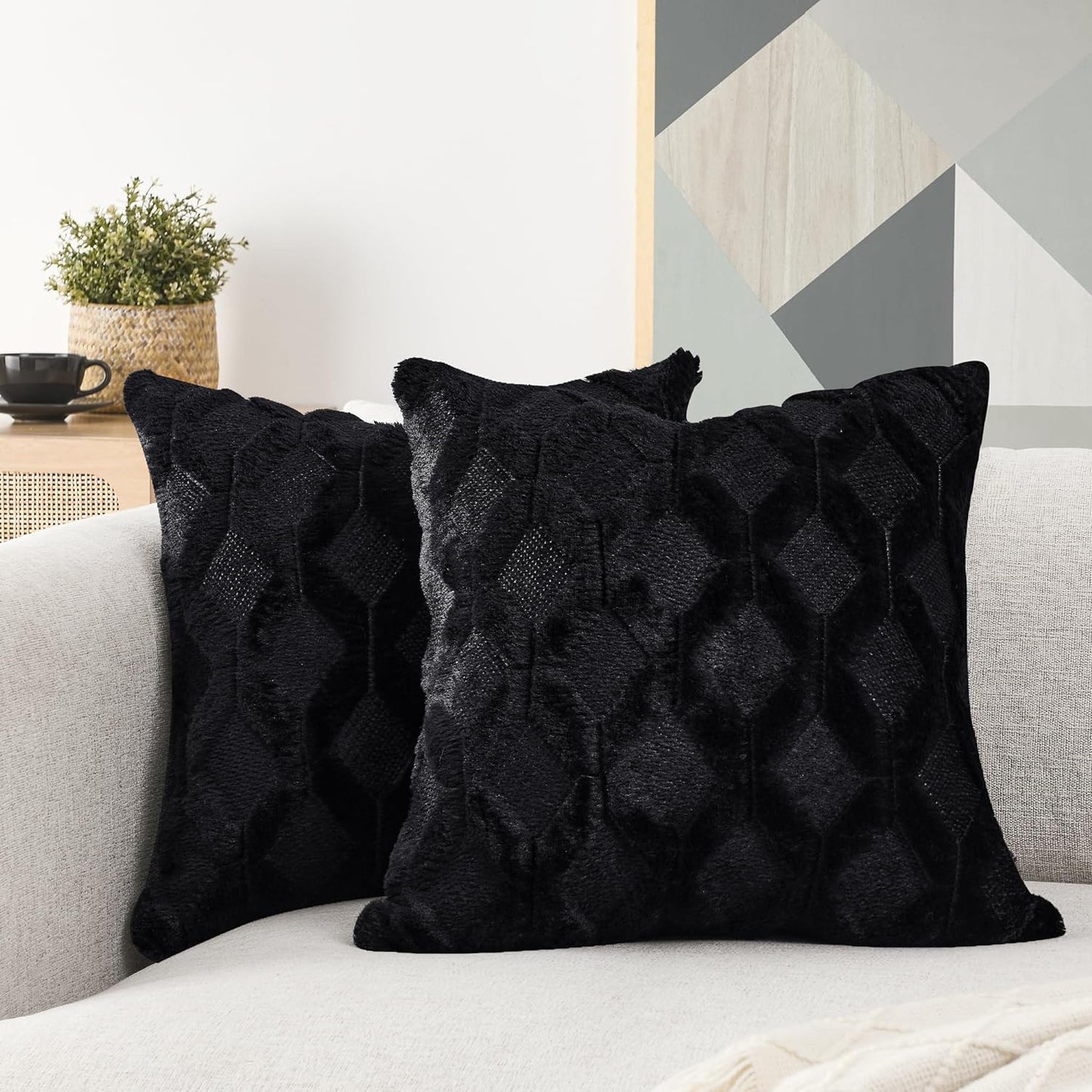 Pack of 2 Faux Wool Throw Pillow Covers 20X20 Inches Decorative Farmhouse Velvet Couch Pillow Case Soft Plush Square Boho Cushion Pillowcase, Black