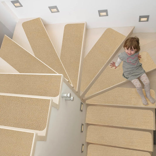8X30In 15PCS Non-Slip Stair Treads Carpet, Self-Adhesive Stair Treads for Wooden Steps, Indoor Safety Staircase Step Treads, anti Slip Stair Runner Mats for Elders, Kids and Dogs (Beige)
