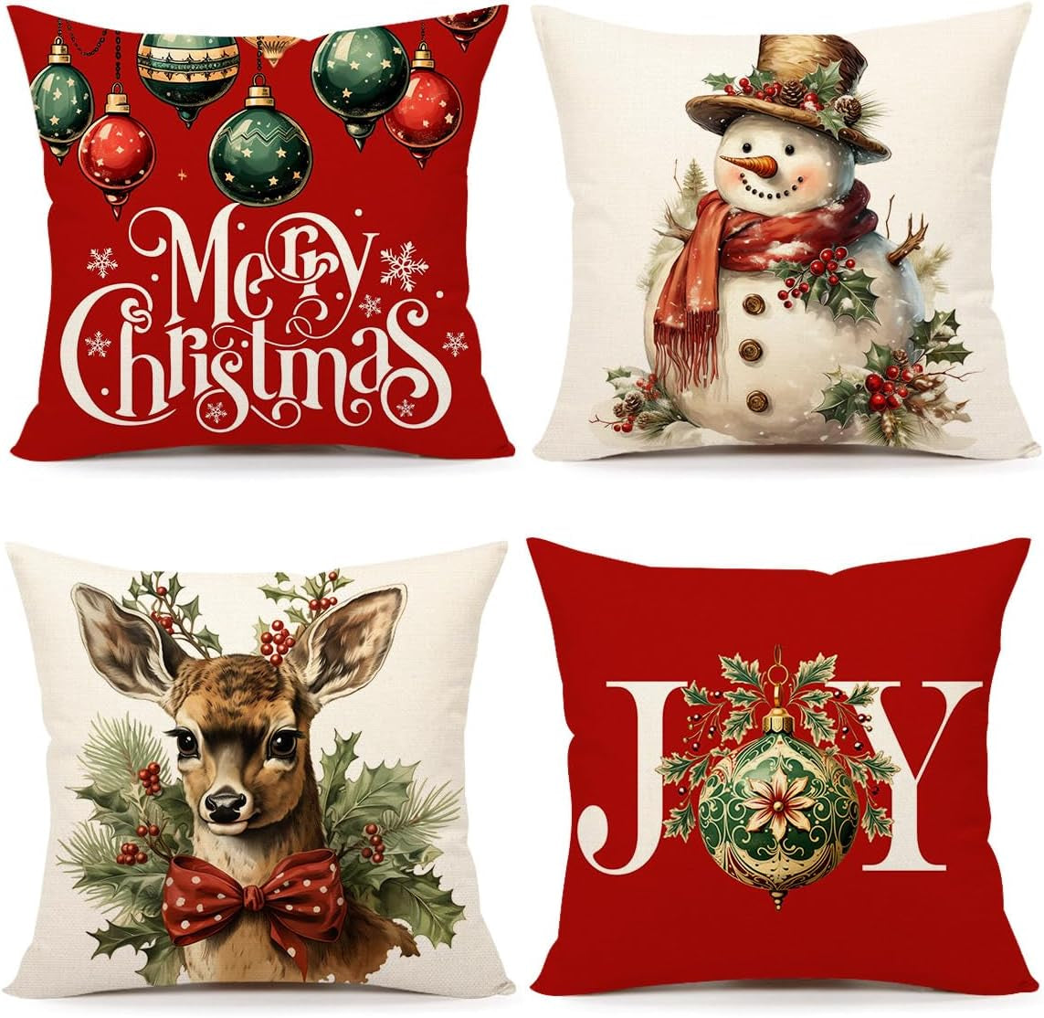 Christmas Pillow Covers 18X18 Set of 4 Red White Farmhouse Xmas Decorations Snowman Deer Joy Winter Holiday Decor Throw Cushion Case for Home Couch S24C04