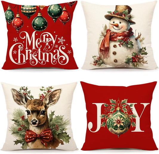 Christmas Pillow Covers 18X18 Set of 4 Red White Farmhouse Xmas Decorations Snowman Deer Joy Winter Holiday Decor Throw Cushion Case for Home Couch S24C04