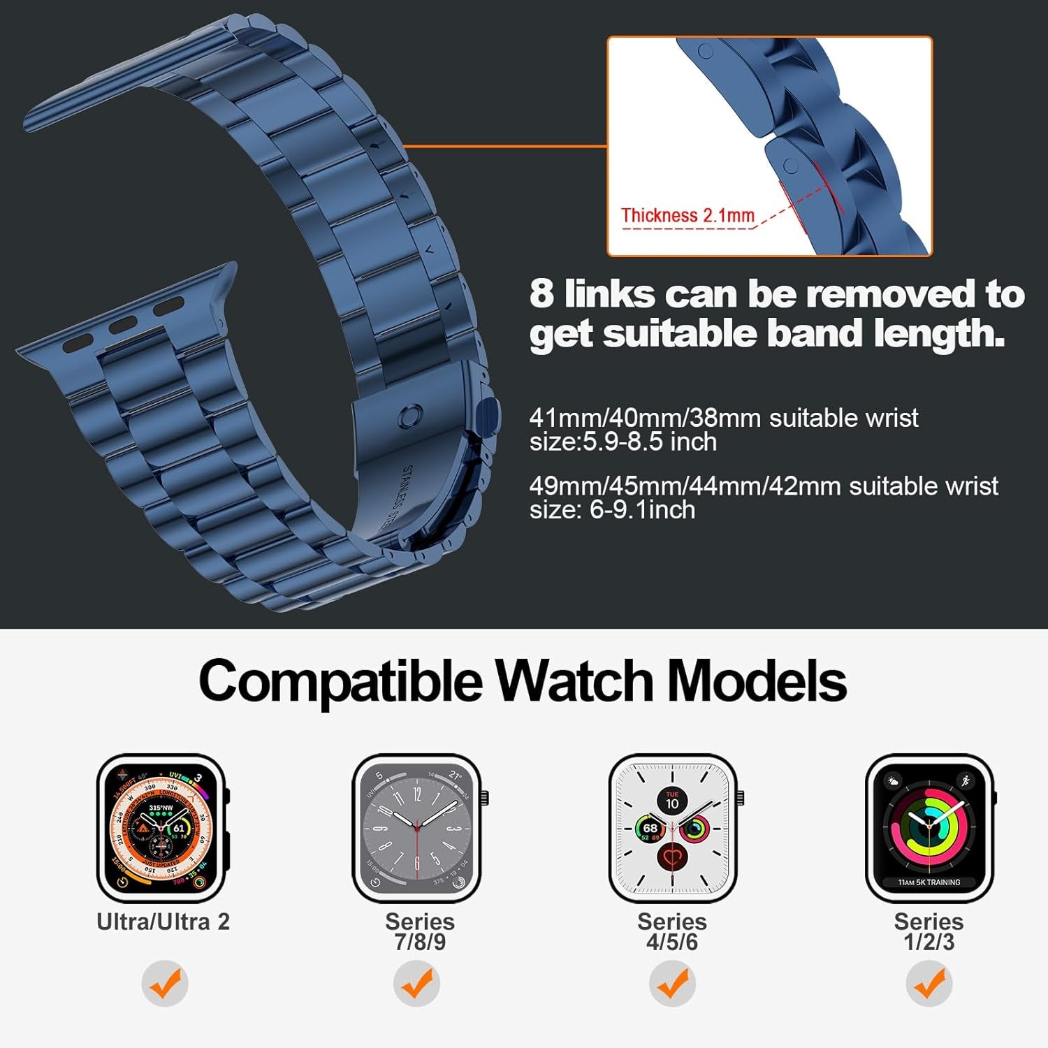 Compatible with Apple Watch Band 41Mm 40Mm 38Mm, Upgraded Stainless Steel Replacement Original Iwatch Bands for Series 9 Ultra 8 7 6 5 4 3 2 1 Women,Blue