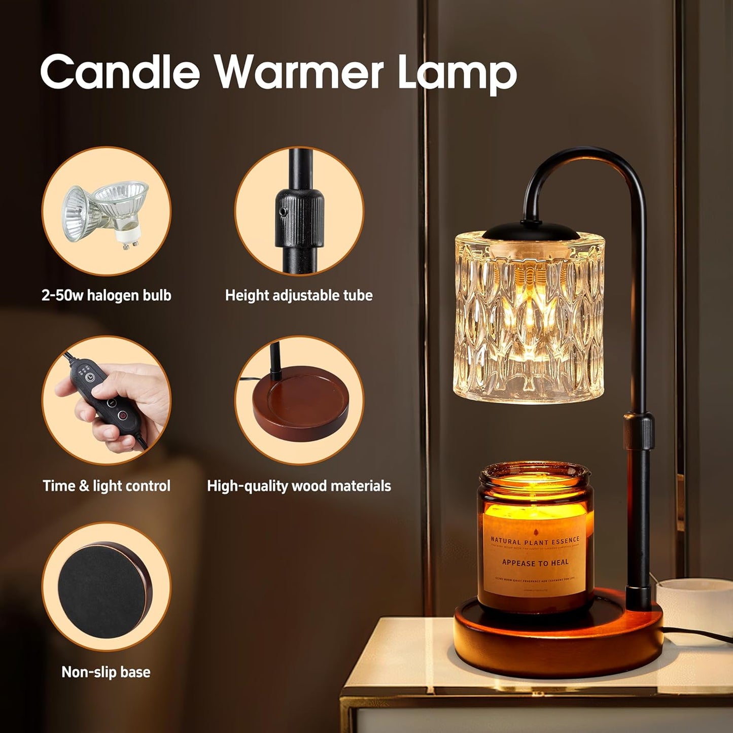 Dimmable Candle Warmer Lamp with Timer, Height Adjustable Electric Candle Wax Warmer for Jar Candles, Top-Down Light Heat Melting Wax with 2 Bulbs, Walnut Solid Wood Base for Home Decor Gifts