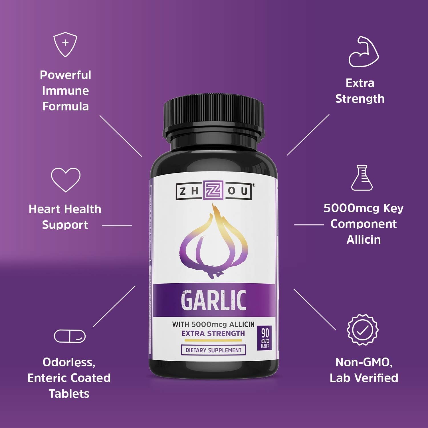 Nutrition Garlic Supplement with Allicin, Extra Strength 5000Mcg Allicin per Serving, Support Immune System, Blood Pressure and Cholesterol Health, 90 Servings TLBH