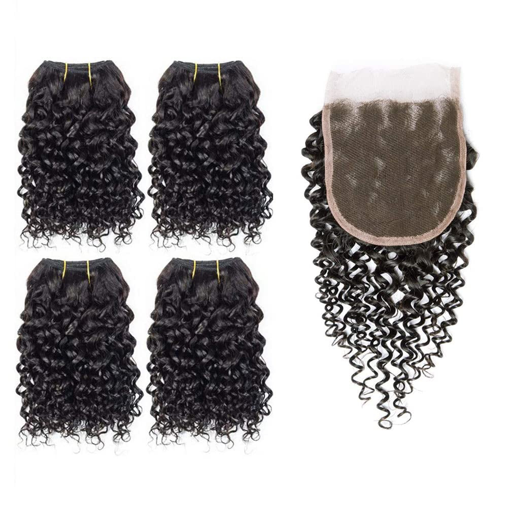 Curly Bundles with Closure Kinky Curly Bundles with Closure 12A Virgin Hair Kinky Curly Bundles with 4X4 Lace Closure Natural Color and Soft（8 8 8 8+8 Inch）
