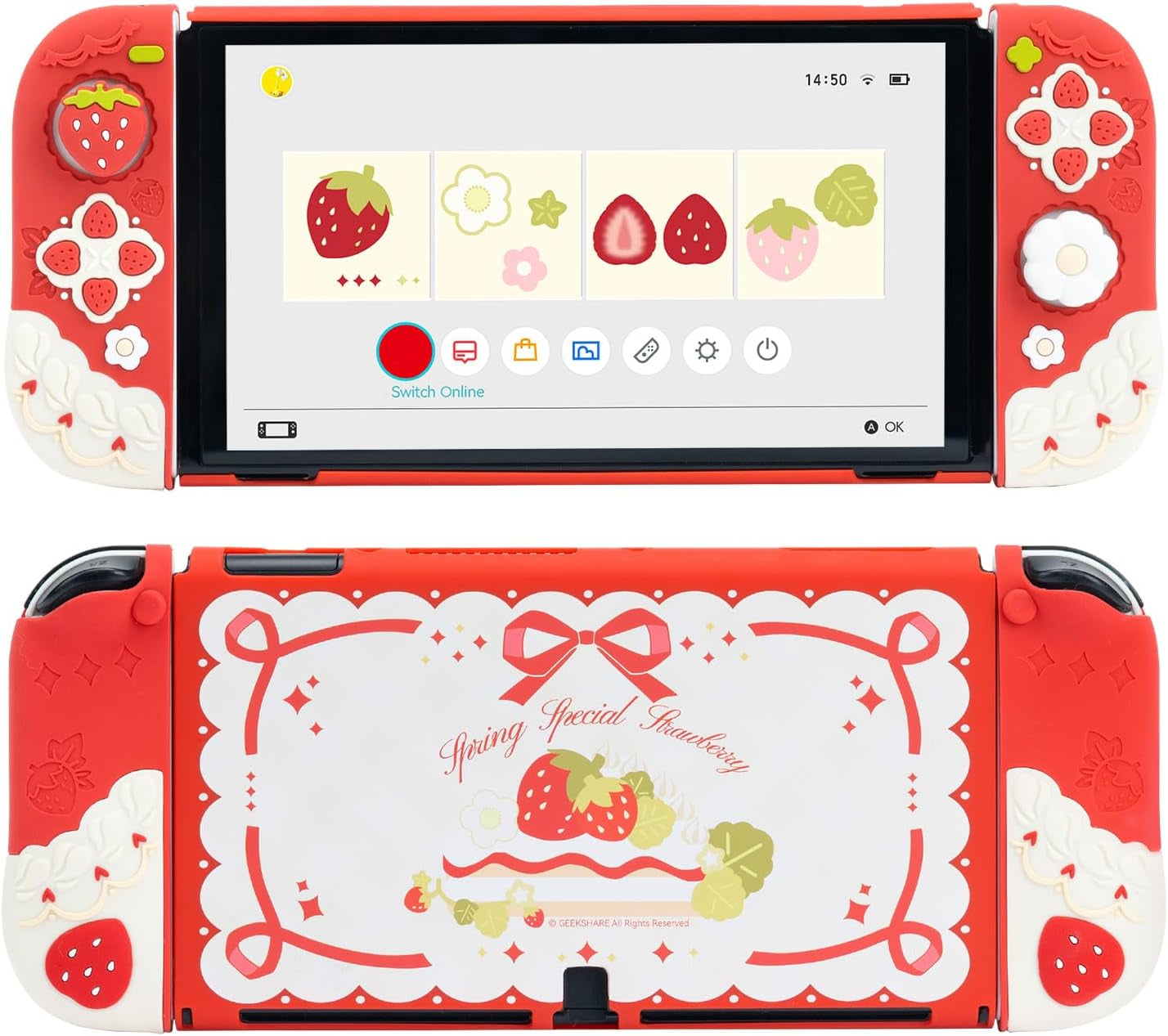 Protective Case for Switch Slim Cover Case Compatible with Switch Separable Soft Silicone Protective Shell for Joy Con with 2 Thumb Grip Caps- Strawberries with Cream