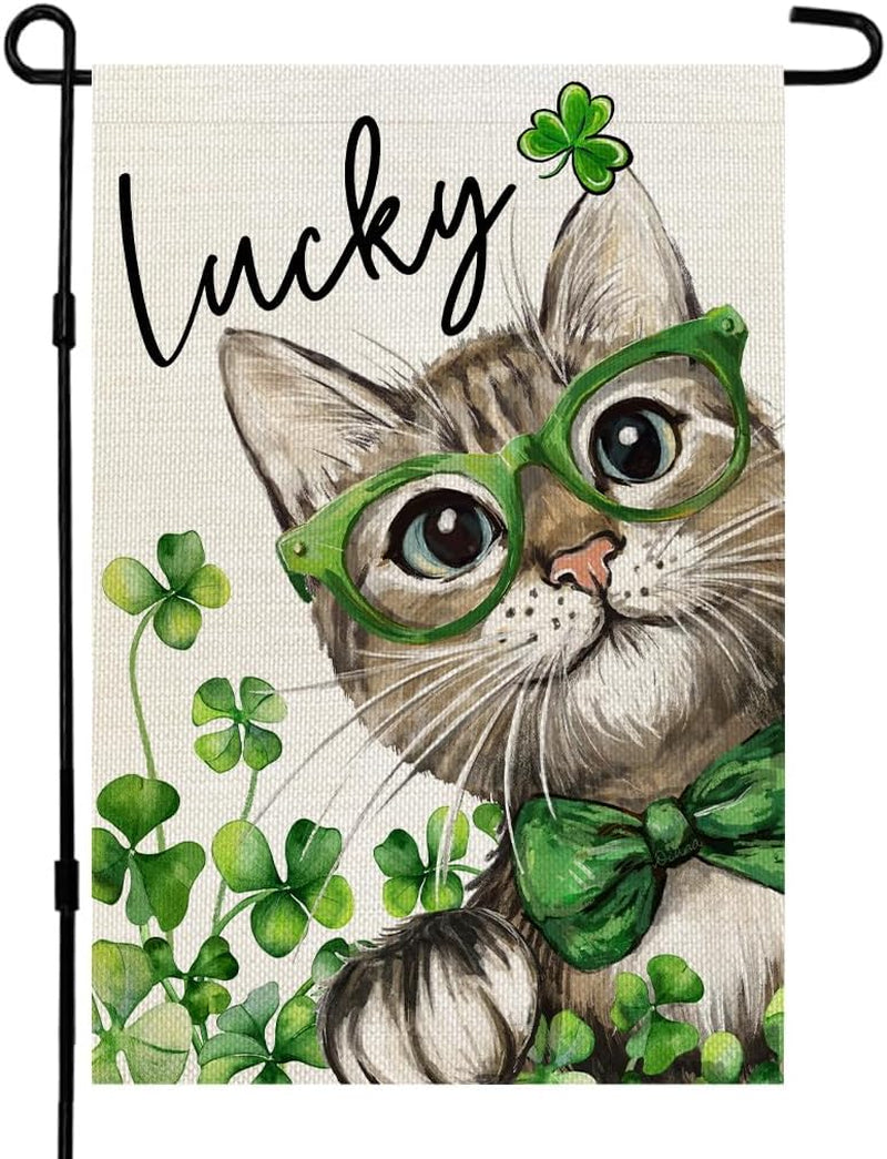 St Patricks Day Cat Garden Flag Hello Lucky 12X18 Inch Double Sided for outside Small Burlap Shamrock Clovers Holiday Yard Decoration