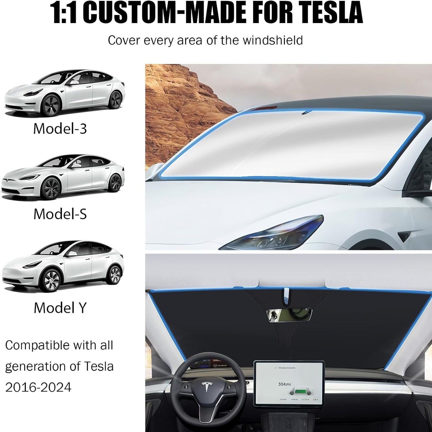 Windshield Sun Shade for Tesla Model 3/Y Car - 2024 2023-2016, 300T Premium Sunshade W/Front Windows Heat Shield Tesla Accessories, Interior Sun Visor Cover Blocker for Dash Screen