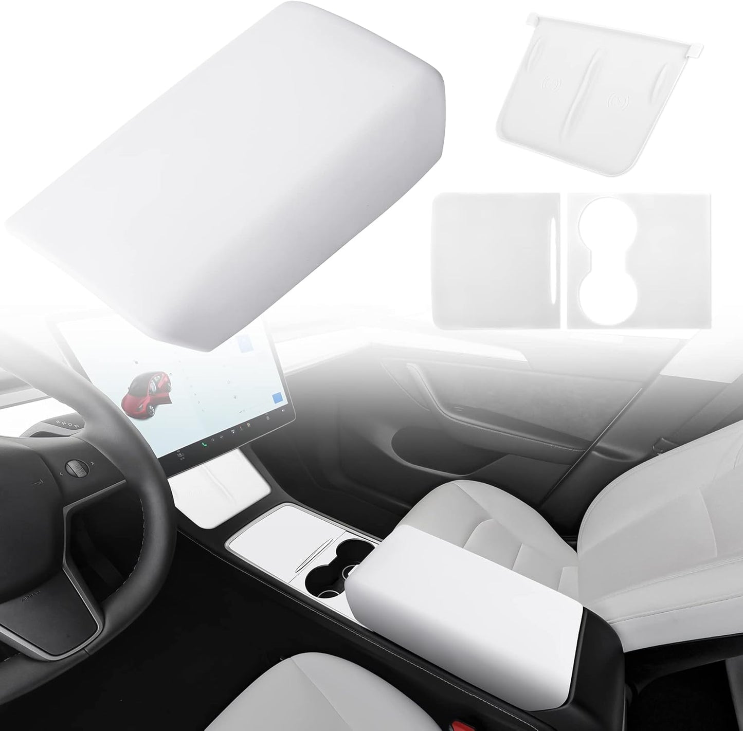 Center Console Protector Cover White Designed for Tesla Model 3/Y 2021-2024(Not for Model 3 Highland),Tpe Armrest Cover,Center Console Wrap Cover,Wireless Charger Silicone Mat (White Set)