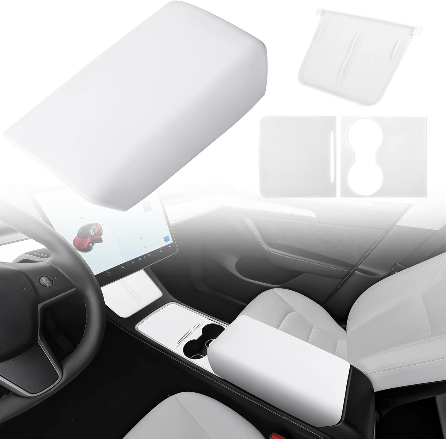 Center Console Protector Cover White Designed for Tesla Model 3/Y 2021-2024(Not for Model 3 Highland),Tpe Armrest Cover,Center Console Wrap Cover,Wireless Charger Silicone Mat (White Set)