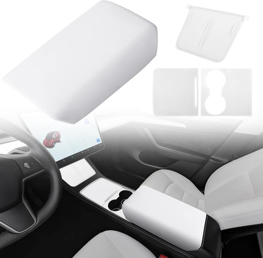 Center Console Protector Cover White Designed for Tesla Model 3/Y 2021-2024(Not for Model 3 Highland),Tpe Armrest Cover,Center Console Wrap Cover,Wireless Charger Silicone Mat (White Set)
