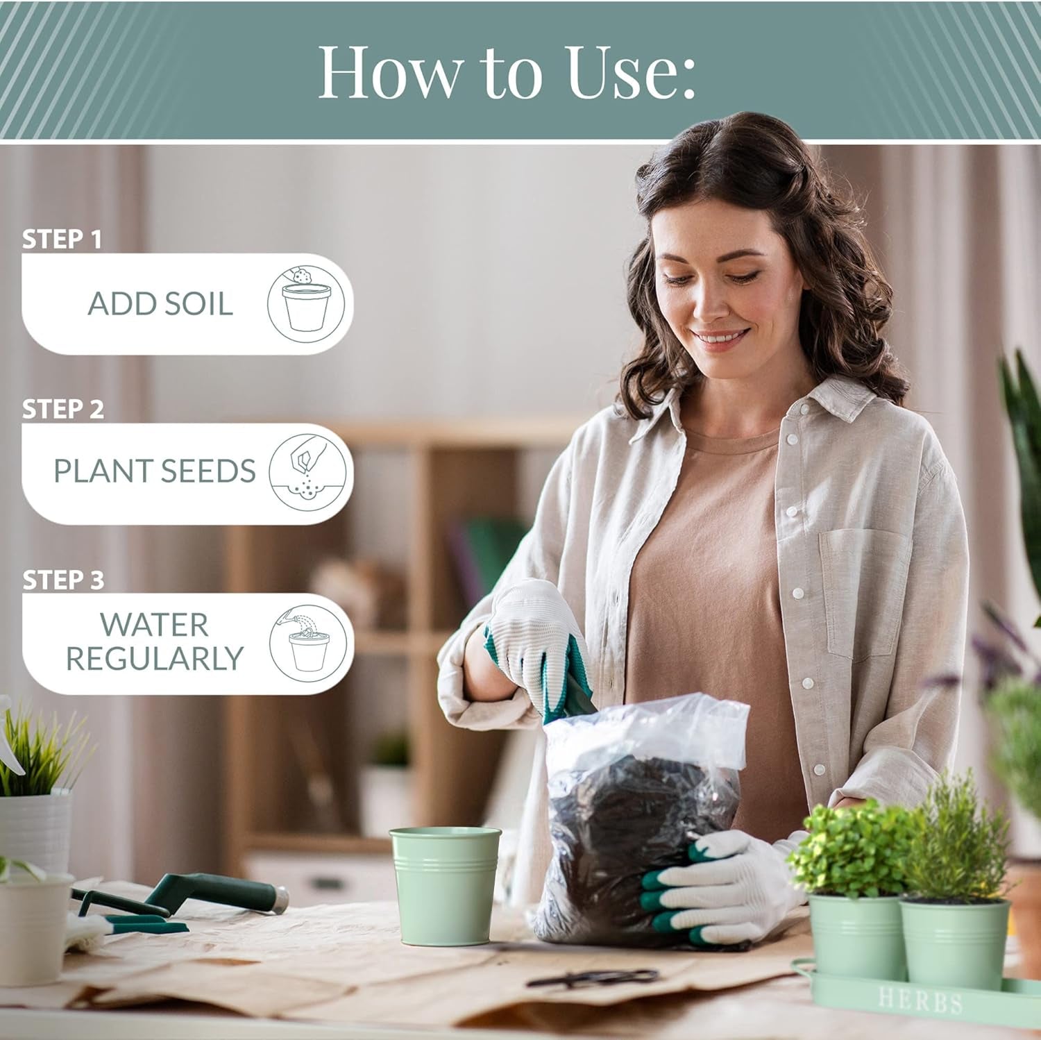 Indoor Herb Garden Planter Set with Tray, Metal Windowsill Plant Pots with Drainage for Outdoor or Indoor Plants, Set/3 (Soft Mint)