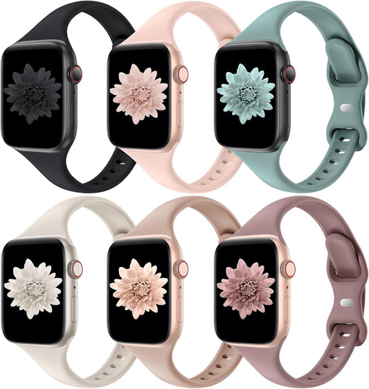 6 Pack Bands Compatible with Apple Watch 38Mm 40Mm 41Mm 42Mm 44Mm 45Mm 49Mm, Slim Thin Narrow Replacement Soft Silicone Sport Strap for Iwatch Series Ultra/Ultra 2 9/8/7/6/5/4/3/2/1 SE Women Men