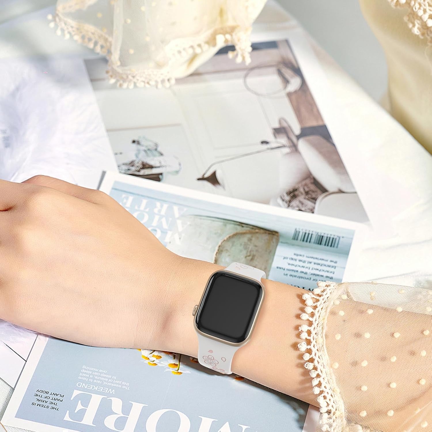 Floral Engraved Bands Compatible with Apple Watch 38Mm 40Mm 41Mm 42Mm 44Mm 45Mm 46Mm 49Mm for Women,Two-Tone Cute Flower Soft Silicone Sport Strap for Iwatch Ultra Series 10 9 8 7 6 5 4 3 2 1 SE