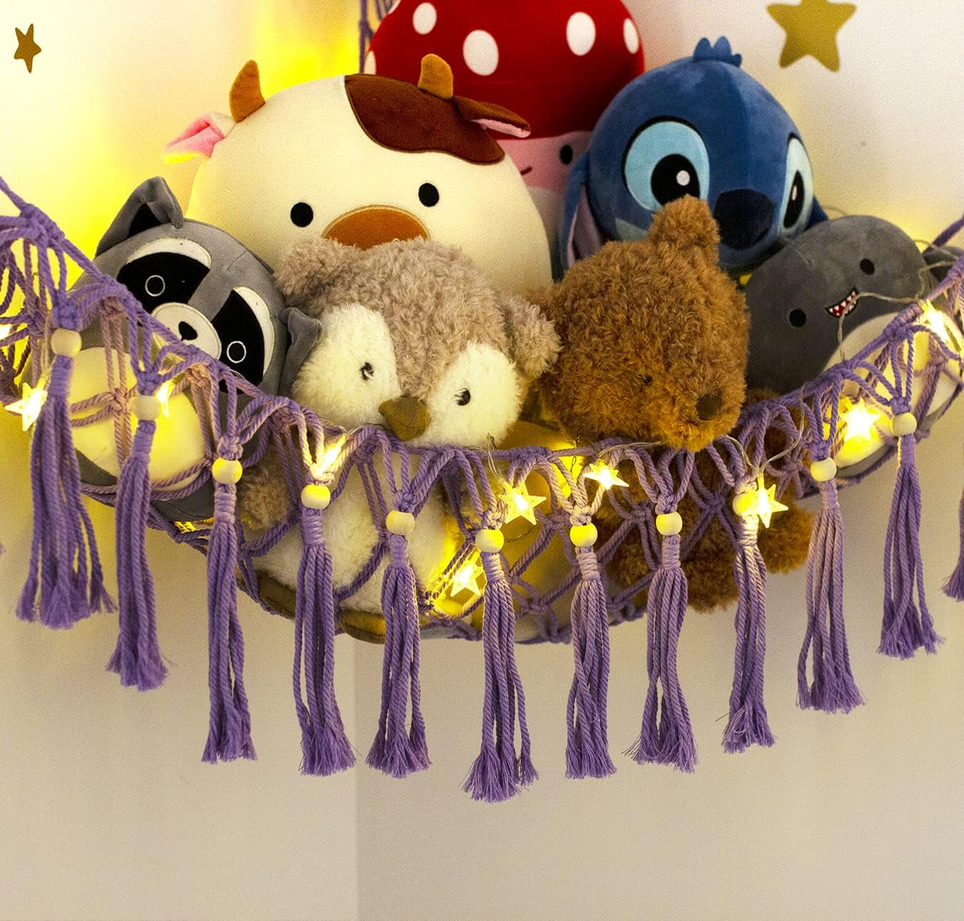 Stuffed Animal Net or Hammock - Hanging Stuffed Animal Hammock Storage - Toy Hammock Holder Boho Wall Corner Hammock Organizer Inc LED Light and Hooks, Purple