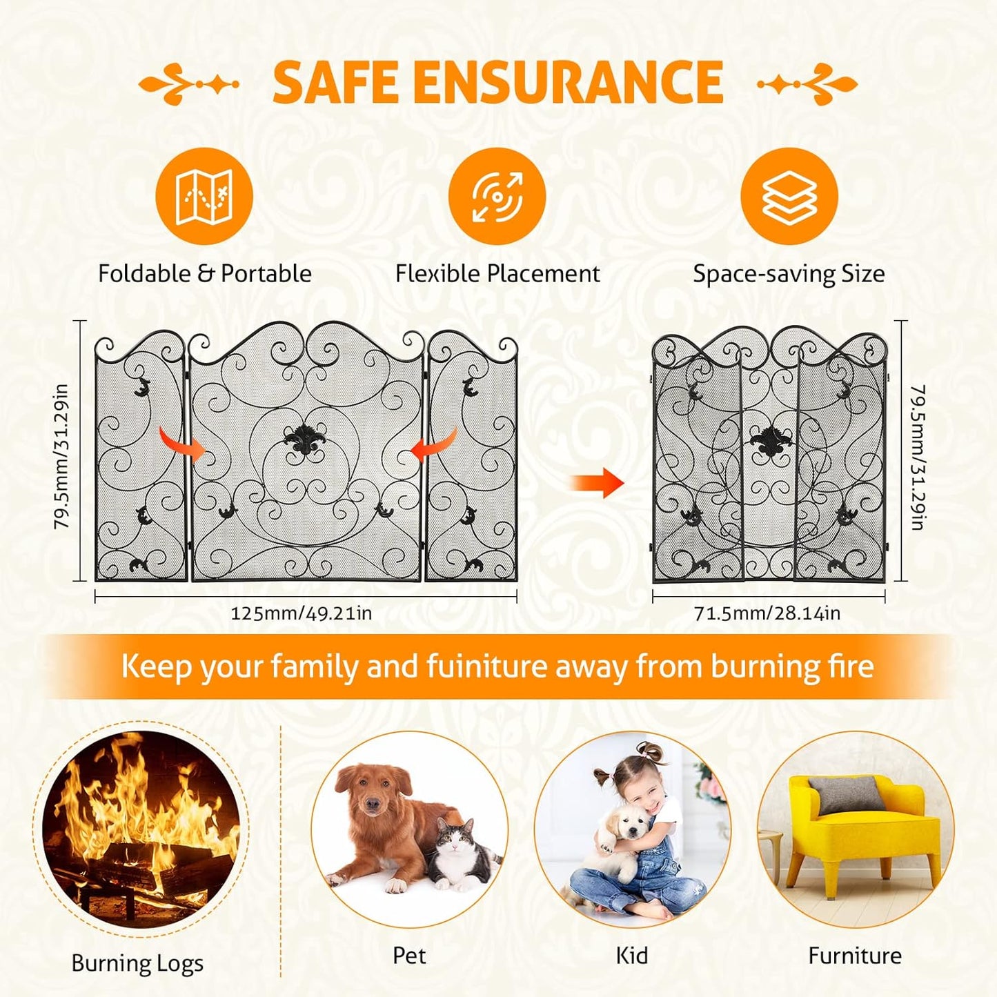 Fireplace Screen 3 Panel Fireplace Screens for Fireplace 50 X 31 Inch Wrought Iron Black Metal Spark Guard Cover Fireguards Mesh Cover Baby Safe Proof Fence Fire Place Standing Gate (Style 1)