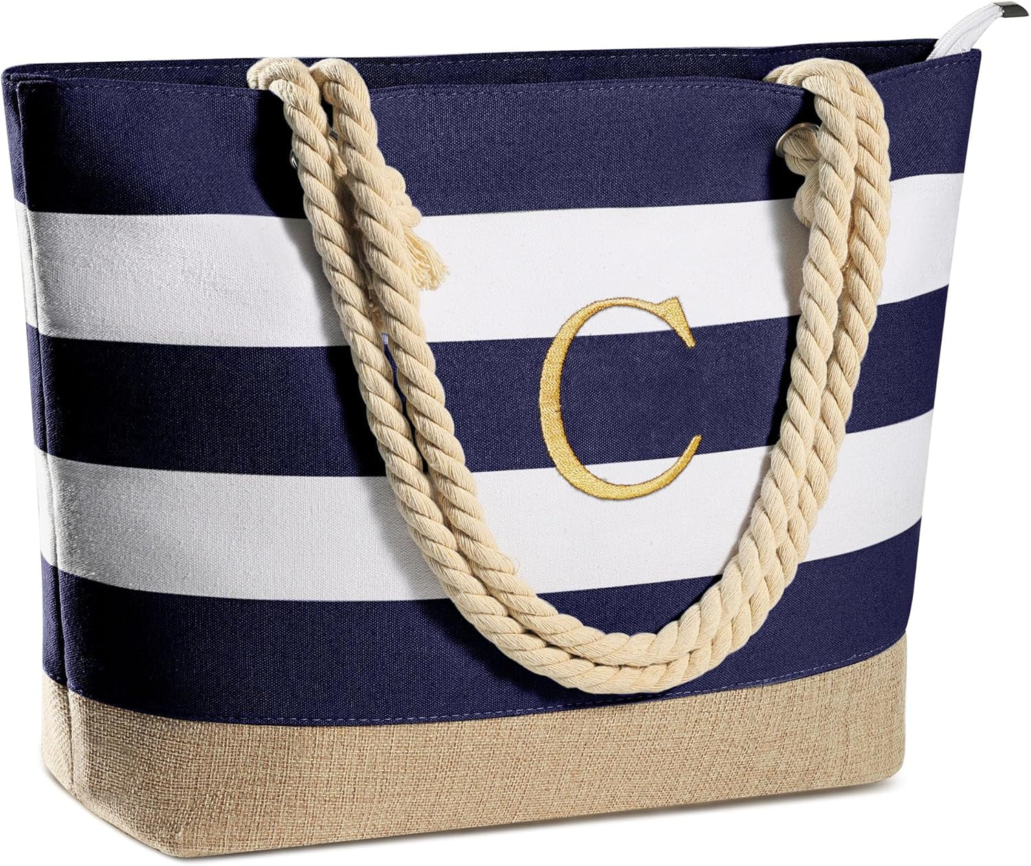 Initial Canvas Waterproof Beach Tote Bag Zipper Personalized Gifts for Women Her Birthday Travel Beach Essential