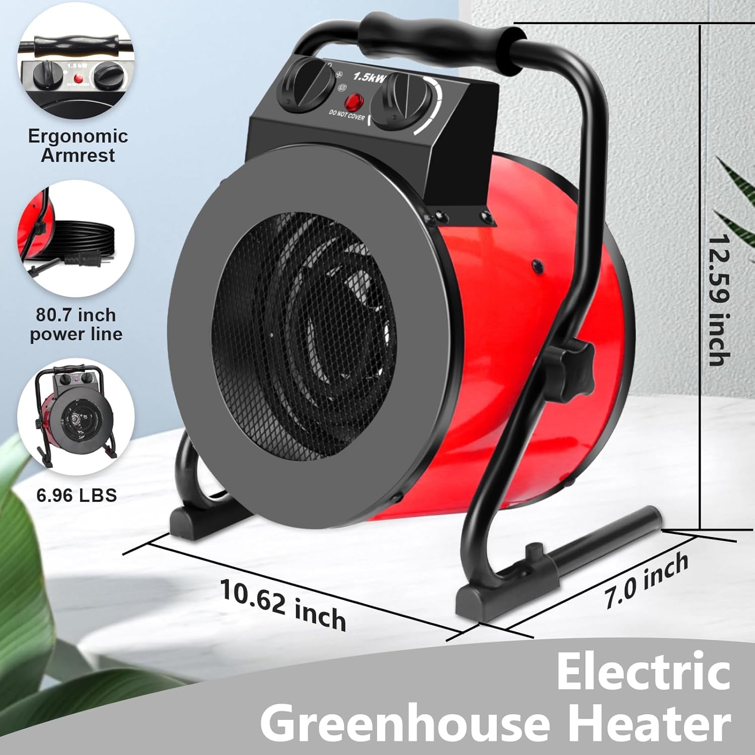 Greenhouse Heater, 1500W Portable Electric Space Heater with Digital Thermostat, 90° Adjustable Angle, Overheat Protection and Fast Heating, Outdoor Heaters for Patio, Garage, Grow Tents (Red)