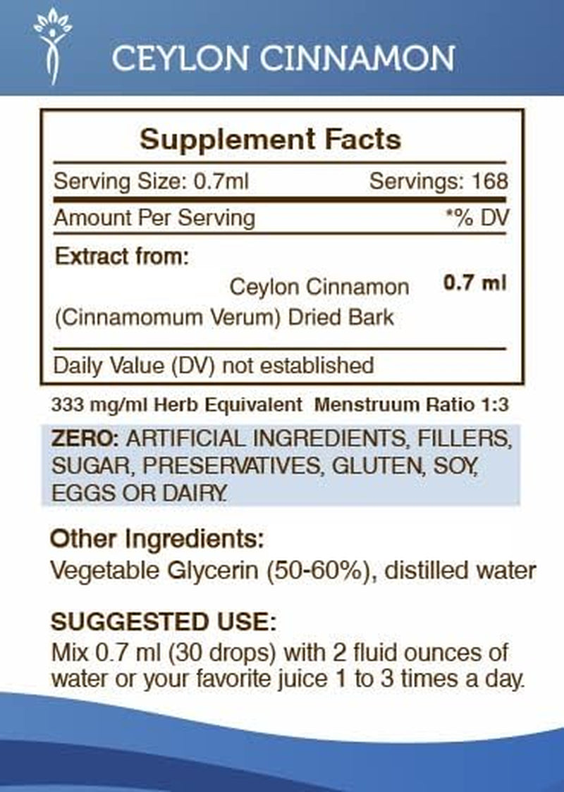 Ceylon Cinnamon Tincture Alcohol-Free Liquid Extract, Ceylon Cinnamon (Cinnamomum Verum) Dried Bark (4 FL OZ) TLBH