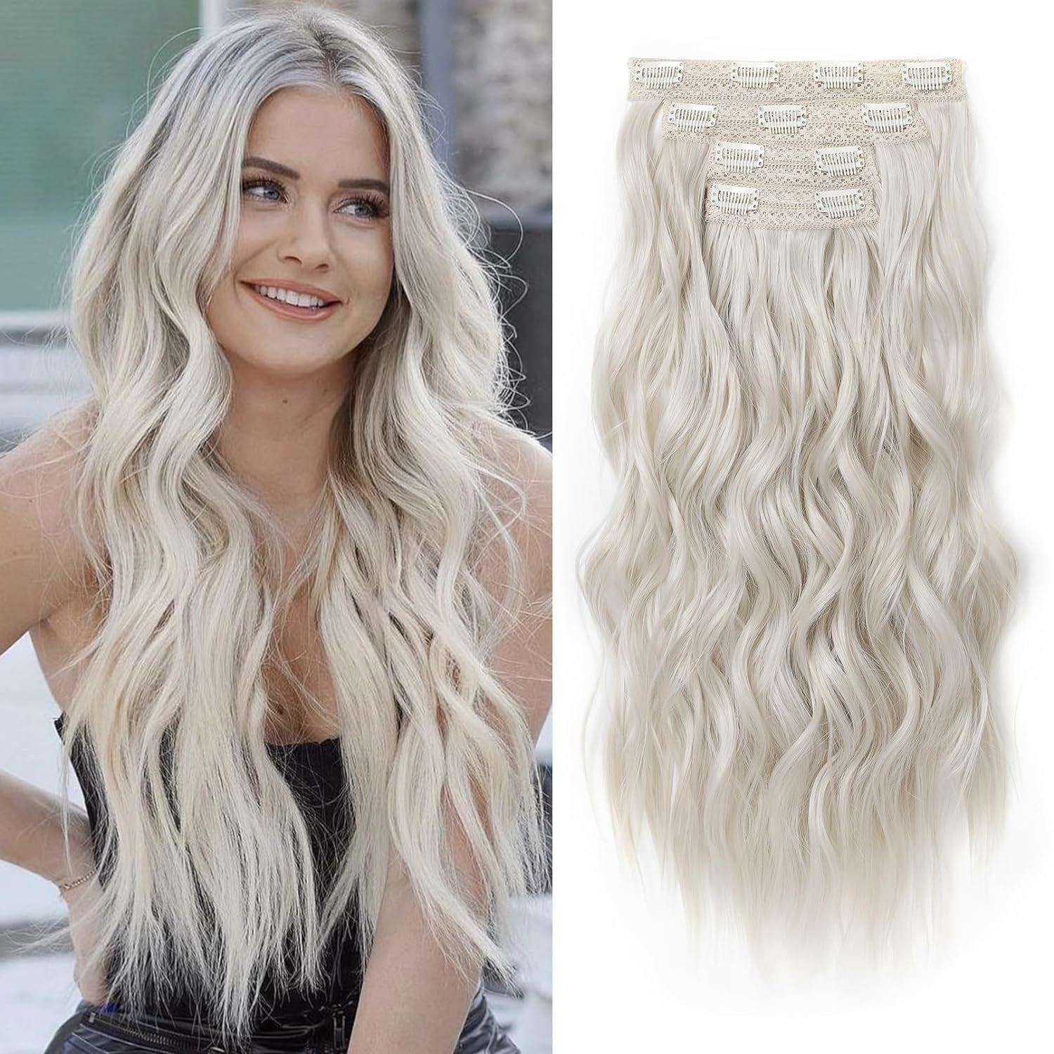 Clip in Hair Extensions, 4PCS Blonde Hair Extensions 24" Thick Long Beach Waves Hair Extensions HE003 Invisible Lace Weft Natural Soft Hairpieces for Women – Platinum Blonde