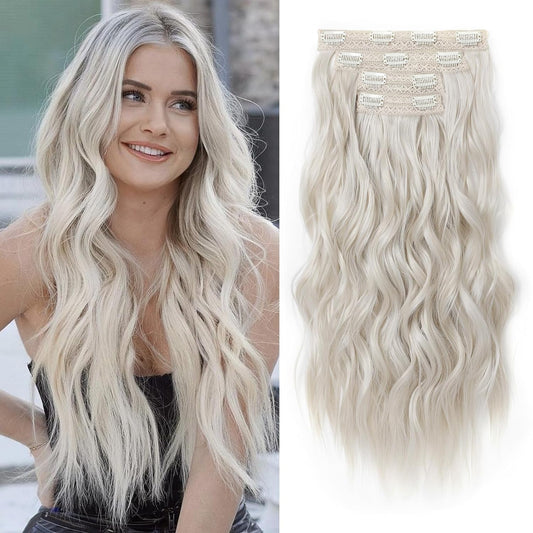 Clip in Hair Extensions, 4PCS Blonde Hair Extensions 24" Thick Long Beach Waves Hair Extensions HE003 Invisible Lace Weft Natural Soft Hairpieces for Women – Platinum Blonde