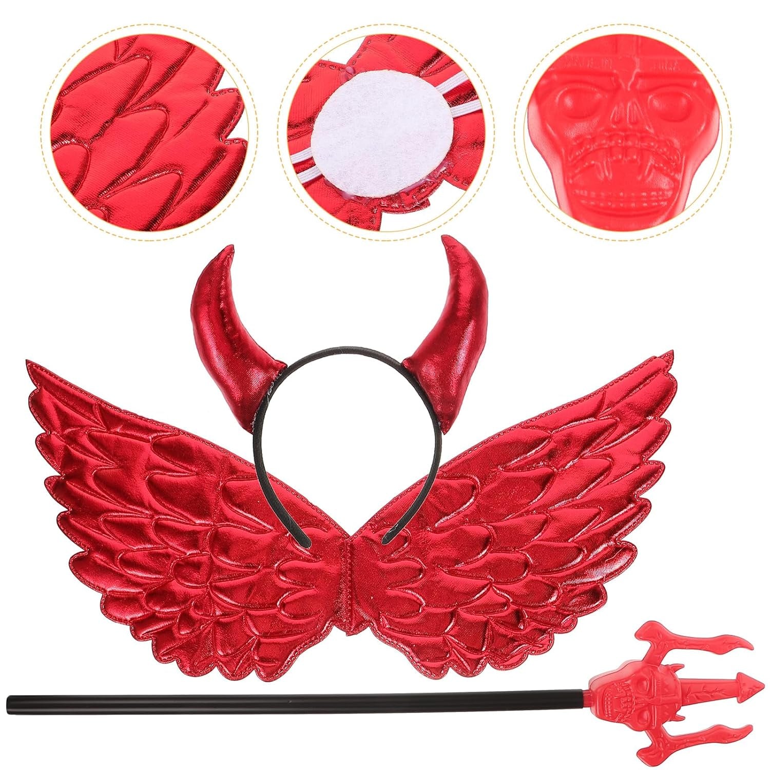 1Set Halloween Devil Costume Set Red Demo Costume Accessories Kit with Devil Wing Horn Headband Red Pitchfork for Halloween Party Favor Supplies