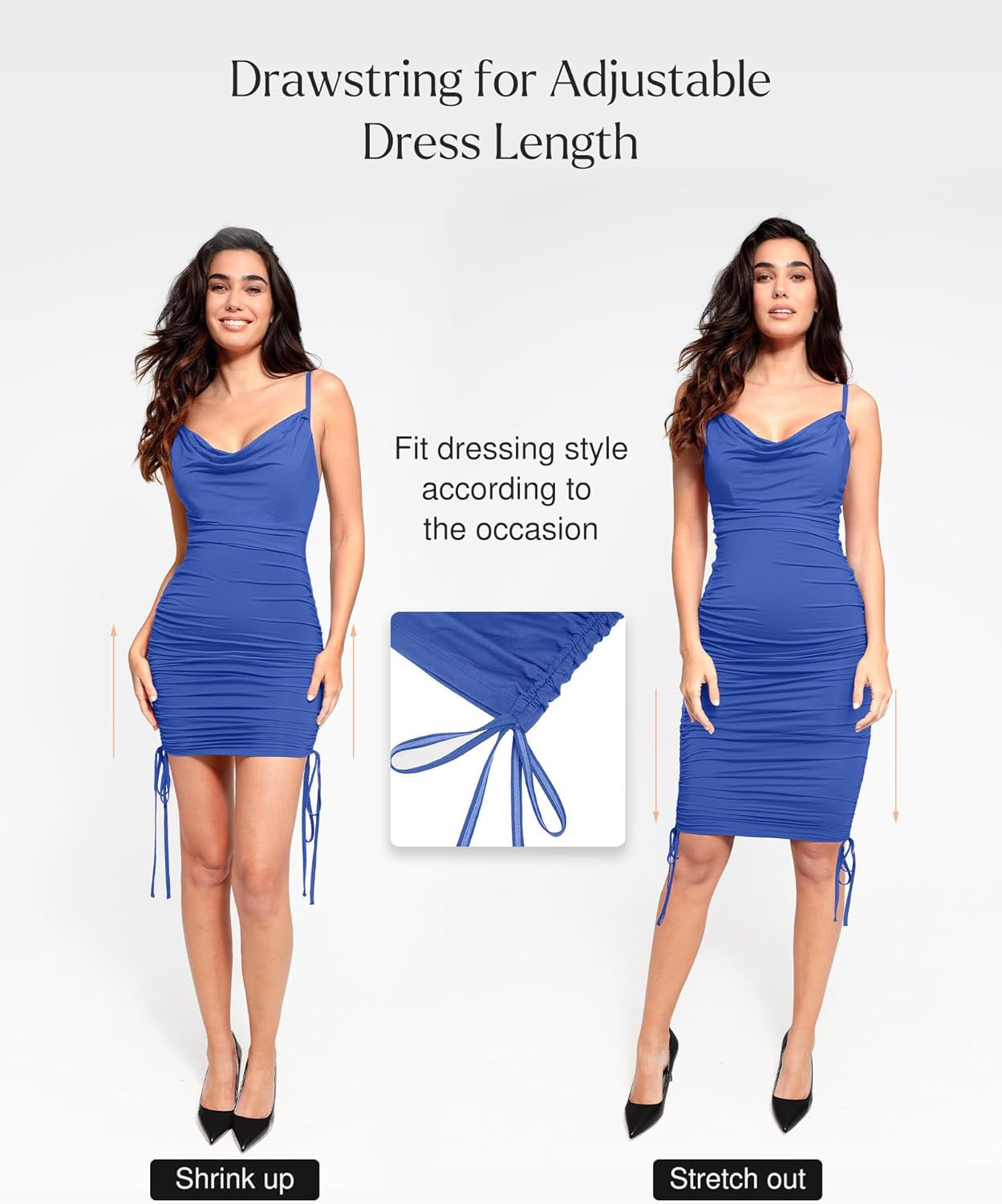 Shapewear Dress Mini Dress Tummy Control Drawstring Adjustable Dress Ruched Bodycon Dress for Women