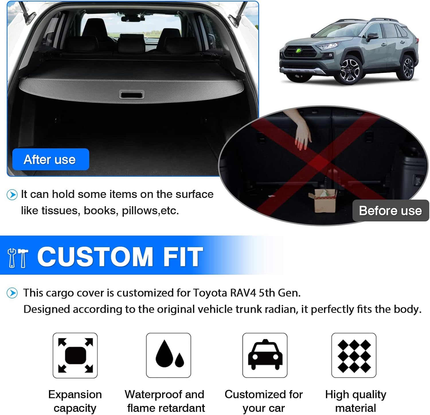 Cargo Cover for 2019-2024 2025 Toyota RAV4 Accessories Trunk Cover Retractable Trunk Shielding Shade Cargo Luggage Cover No Gap