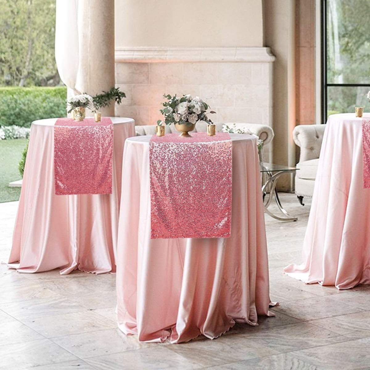 Pink Sequin Table Runners 12''X 108'', 2 Pack Fabric Glitter Runner for Wedding Birthday Party Supplies Bachelorette Bridal Baby Shower Fall Christmas Table Decorations