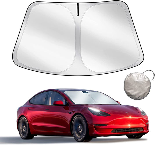 Upgraded Sunshade for Tesla Model 3/Y Windshield, Improved UV Protection Fabric, Metal Frame, Full-Size Foldable Front Sun Shade, Professional Accessories for Tesla Model 3/Y 2016 to 2024