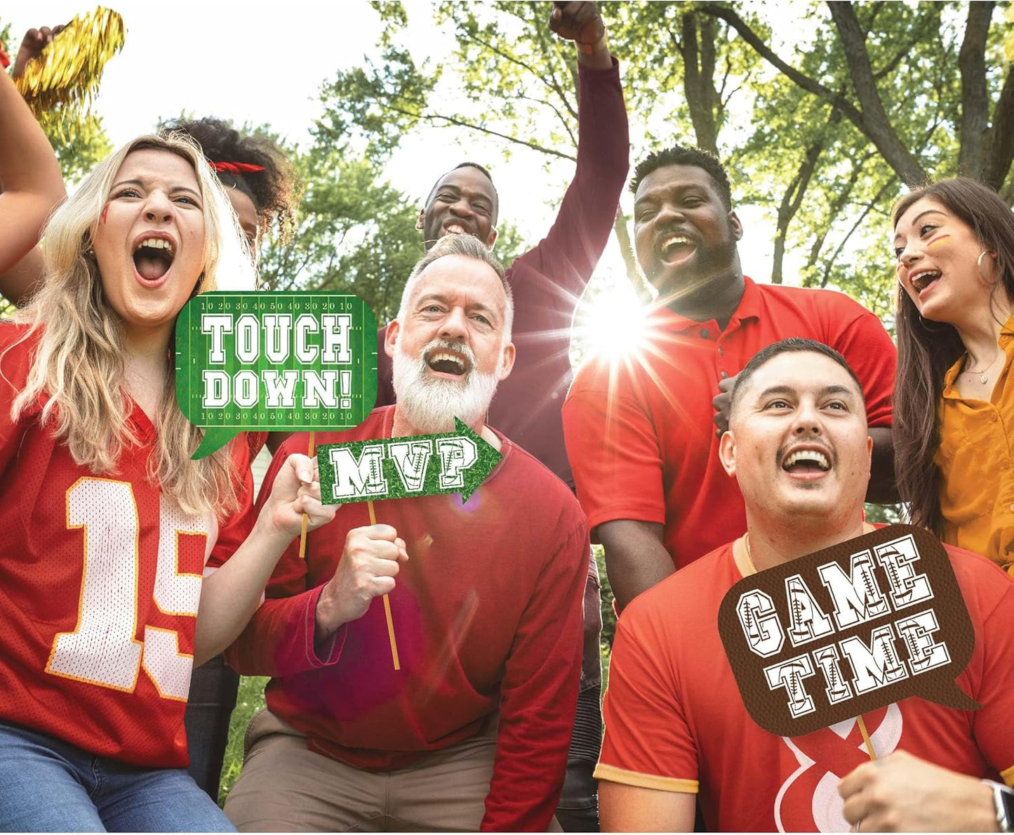 Football Photo Booth Props - 41-Pc Photobooth Kit with 8 X 10-Inch Sign, 60 Adhesive Pads, 45 Sticks - Superbowl Photo Props - Football Photo Props - Tailgate Photo Props