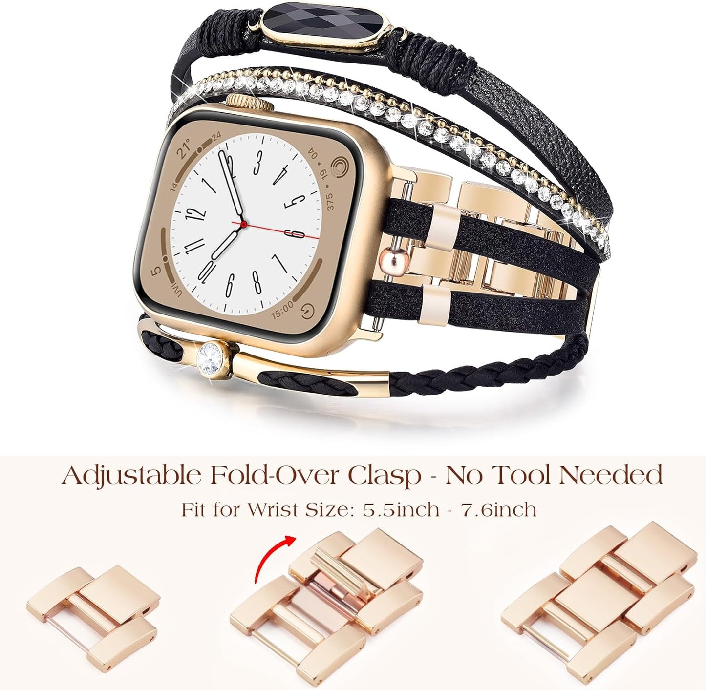 Boho Leather Bracelet Compatible with Apple Watch Band 38Mm 40Mm 41Mm Women, Adjustable Iphone Watch Bands Fancy Jewelry Multilayer Strap Wrap for Iwatch Bands Series 9 8 7 6 5 4 3 2 1 SE