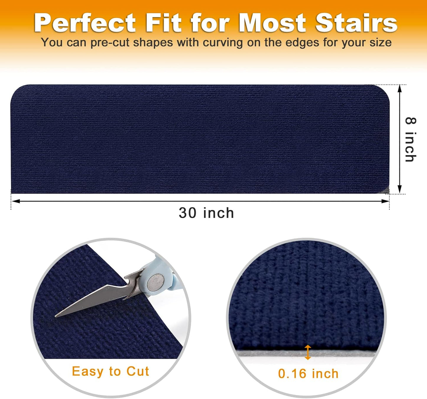 8X30In 15PCS Non-Slip Stair Treads Carpet, Self-Adhesive Stair Treads for Wooden Steps, Indoor Safety Staircase Step Treads, anti Slip Stair Runner Mats for Elders, Kids and Dogs (Navy Blue)
