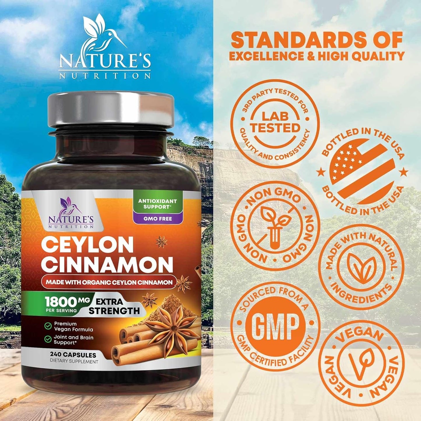 Organic Ceylon Cinnamon Supplement 1800Mg - Certified Organic Ceylon Cinnamon Powder Pills - Energy & Heart Support for Women & Men, Bottled in USA, Antioxidant, Gluten Free, Non-Gmo - 240 Capsules TLBH