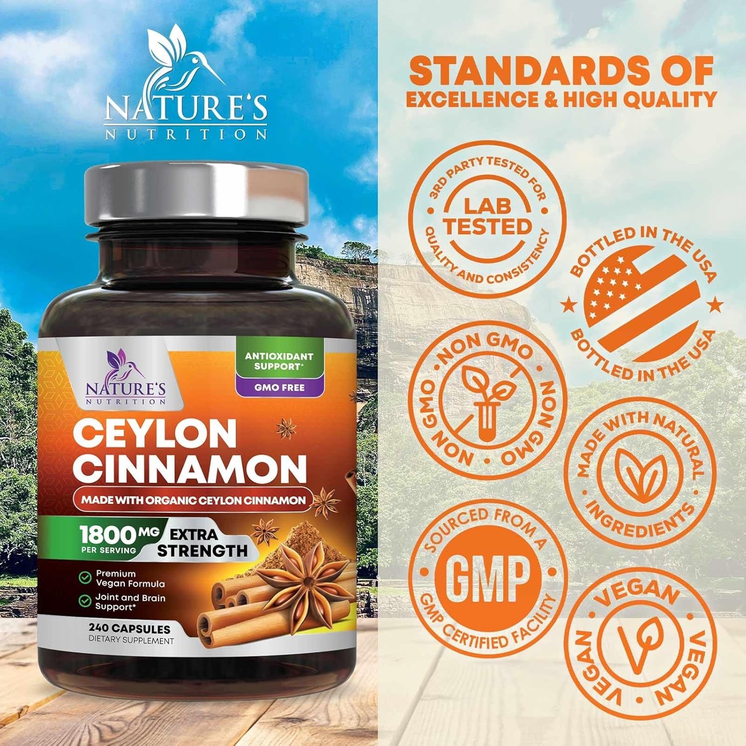 Organic Ceylon Cinnamon Supplement 1800Mg - Certified Organic Ceylon Cinnamon Powder Pills - Energy & Heart Support for Women & Men, Bottled in USA, Antioxidant, Gluten Free, Non-Gmo - 240 Capsules TLBH