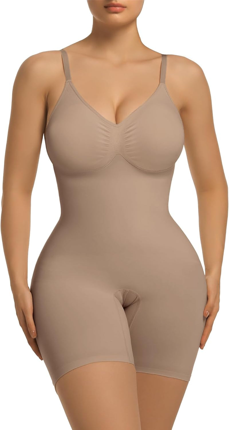 Women'S Bra Free Bodysuits Tummy Control Shapewear Mid Thigh Body Shaper with Removable Pads