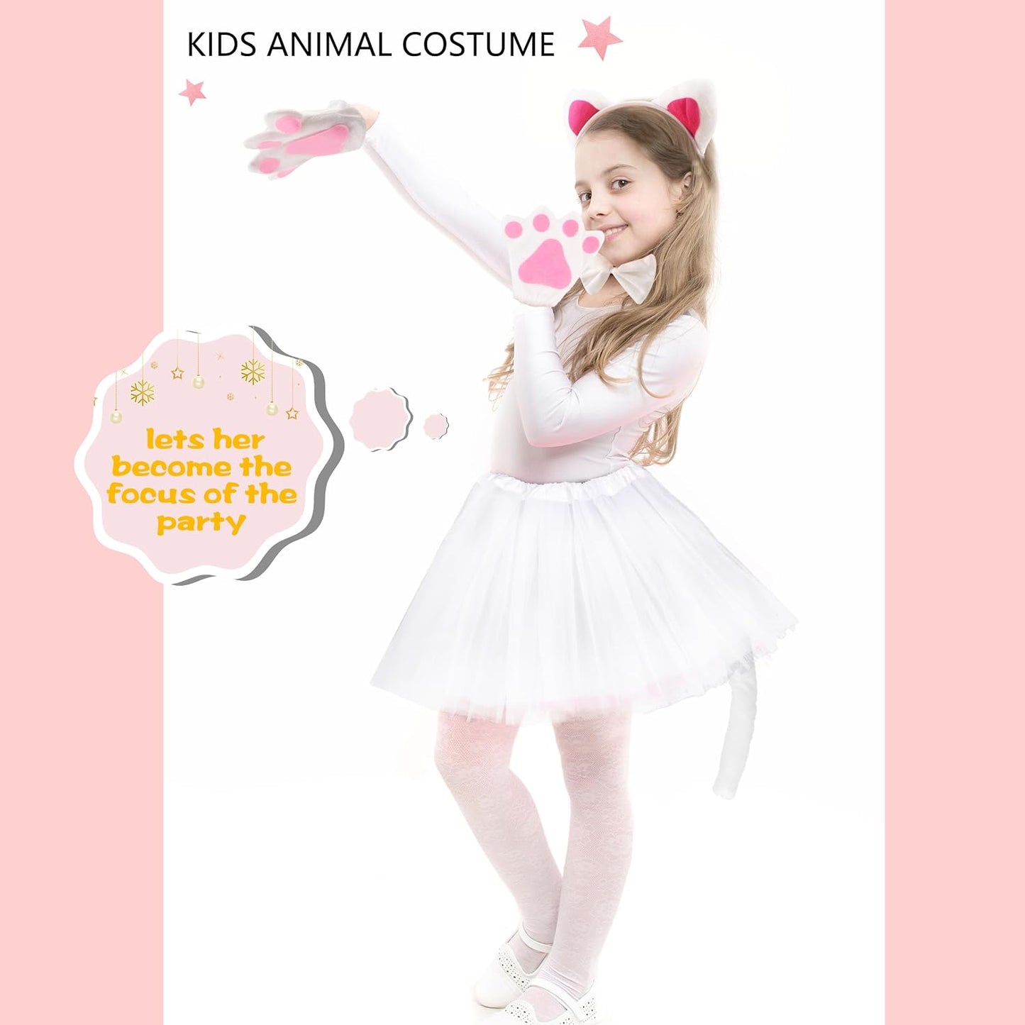 10 Pieces Kids Cat Costume White Cat Cosplay Cat Ear Headband Tail Bowtie Paws and Tutu for Halloween Dress up Party Supplies