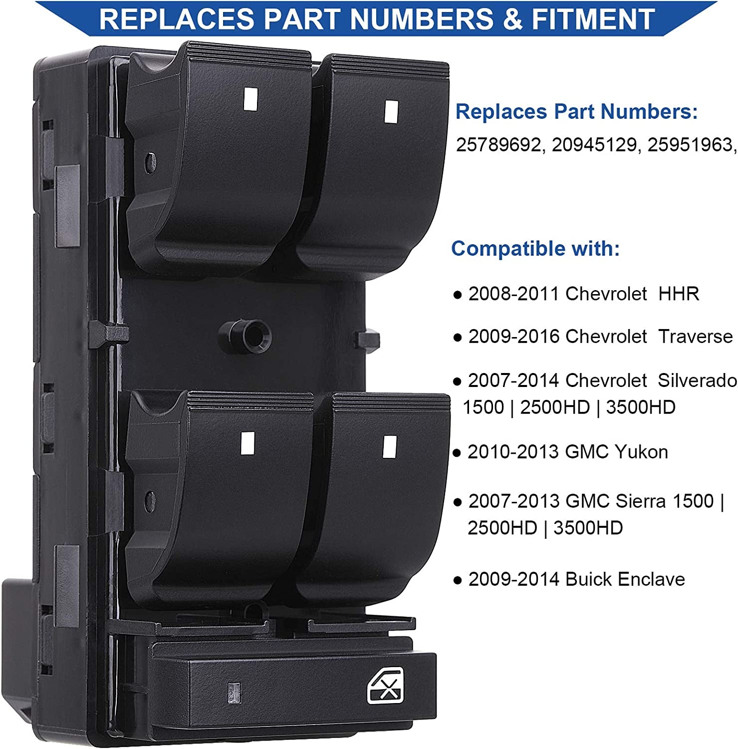 Driver Side Power Master Window Switch, Compatible with Chevy Silverado/Chevrolet Traverse/Hhr/2007-2013 GMC Sierra/Yukon/Buick Enclave Replace OE 20945129 25789692
