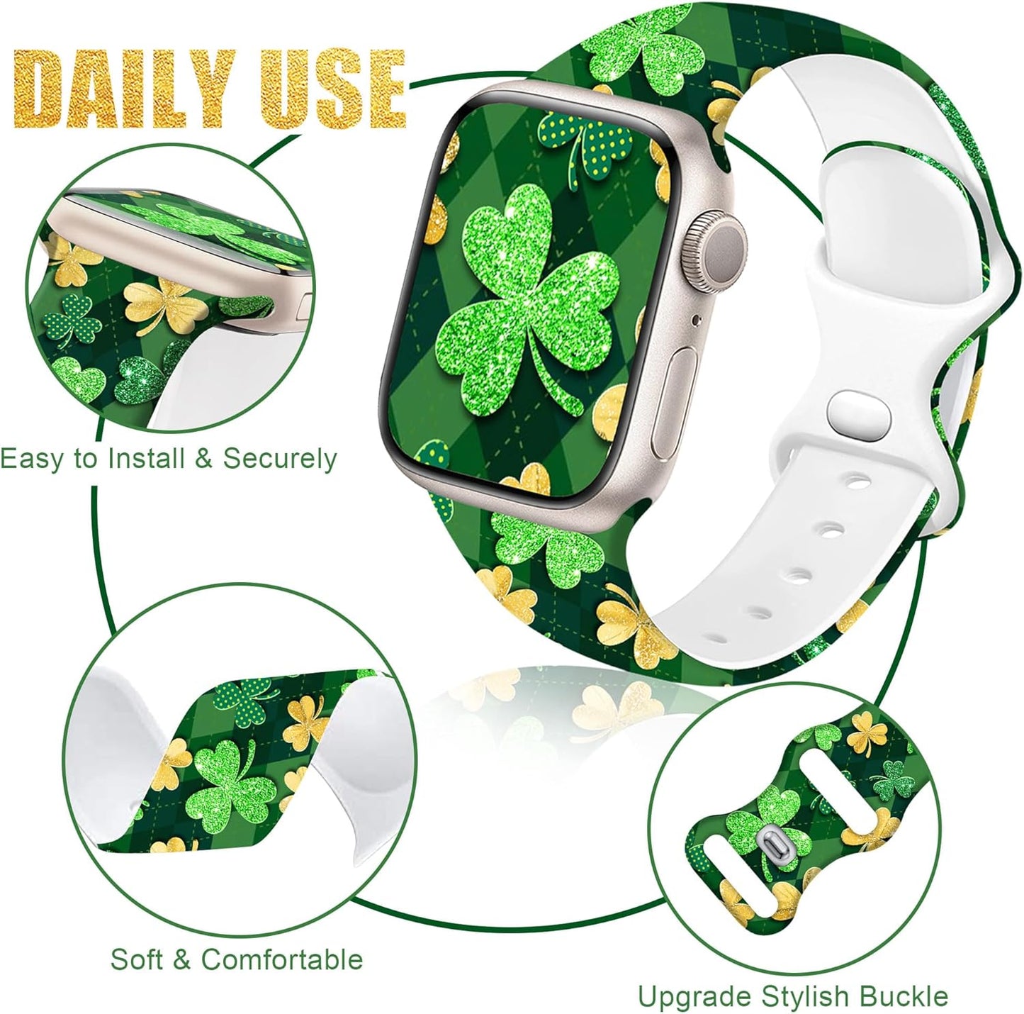 Lucky Clover Band for Apple Watch Bands 46Mm 45Mm 44Mm 49 42Mm(S3) for Women, St Patricks Day Silicone Iwatch Bands Series 10 9 8 7 SE 6 5 4 3, Shamrocks Gifts Strap for Apple Watch Band