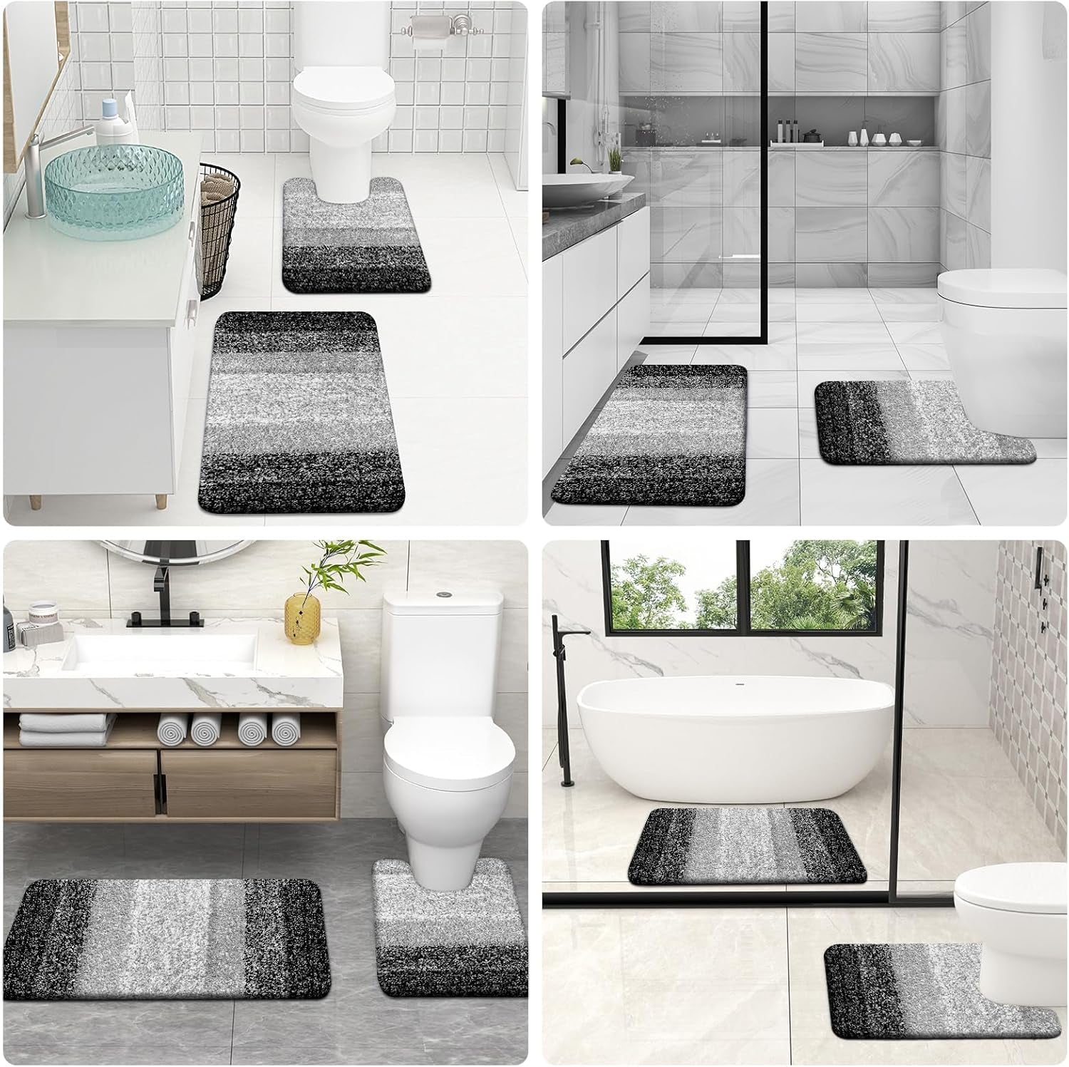 Bathroom Rugs Sets 3 Piece, Soft Absorbent Microfiber Bath Rugs and U-Shaped Contour Toilet Rug Area Rug Set, Non-Slip Bath Carpet, Home Decor Accessories, Bath Mat Set for Bathroom, Black