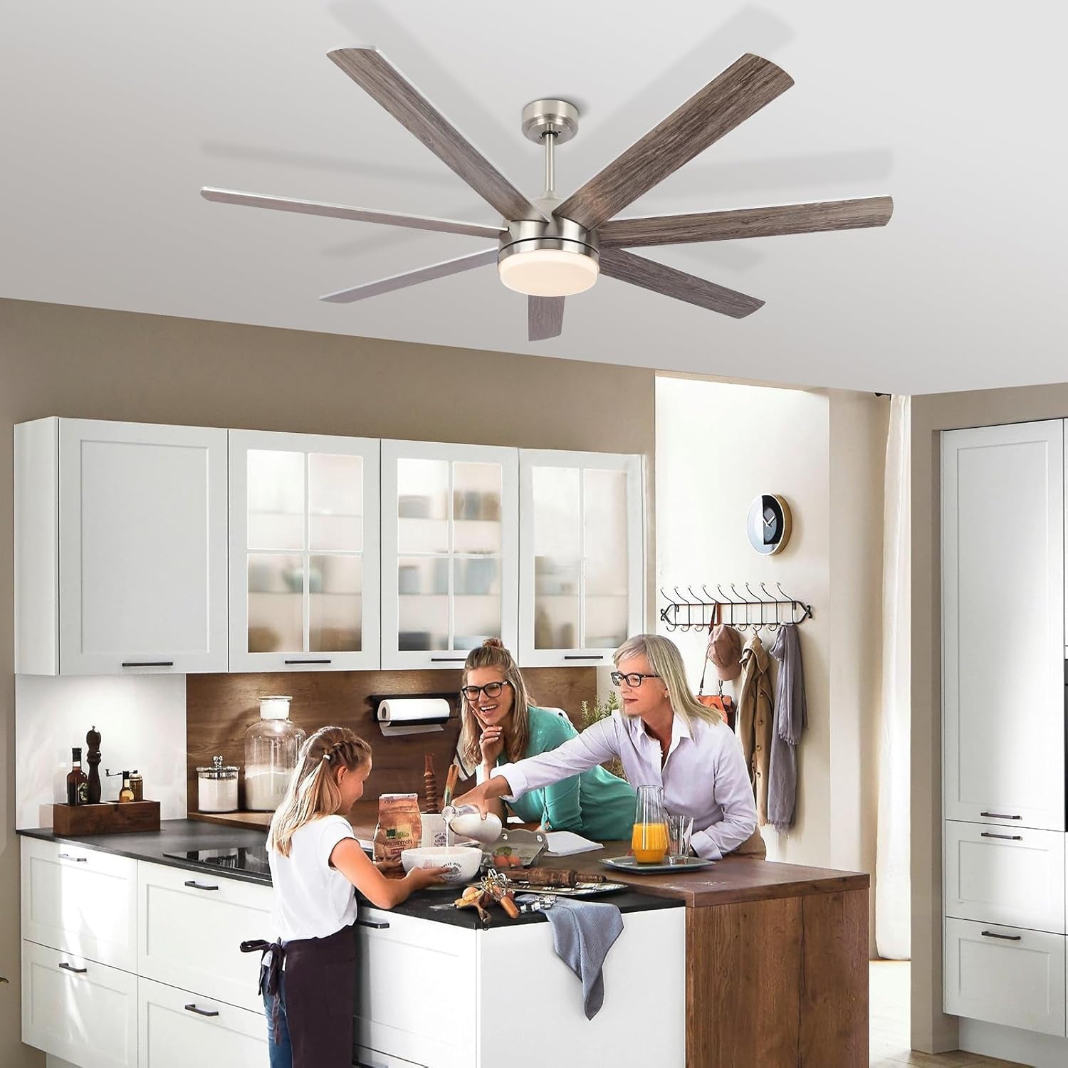 62 Inch Ceiling Fan with Lights, Outdoor Ceiling Fan with Light 7 Reversible Blades,Dimmable, Modern Nickel Ceiling Fan with 6" and 12" Downrods for Bedroom Living Room Patio