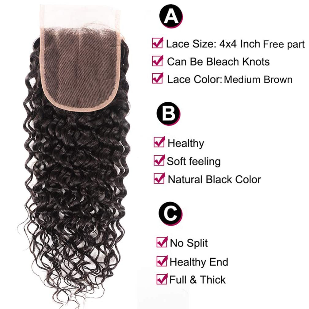 Water Wave Bundles and Closure Curly Wave Bundles with 4X4 Free Part Closure Ocean Wave Wet and Wavy Human Hair Bundles with Lace Closure (10 12 14+10) Pre Plucked with Baby Hair Natural Color