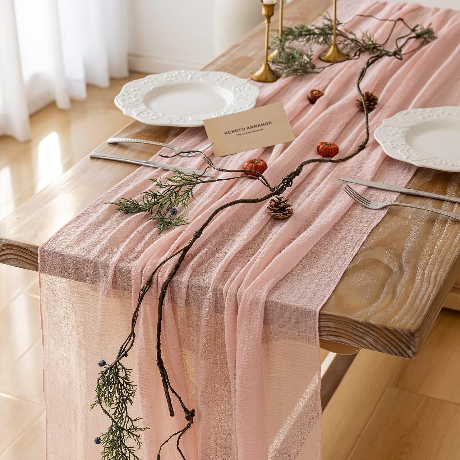 Keketo Blush Pink Christmas Table Runner Cheese Cloth Rustic Gauze Cheesecloth Table Runner 120 Inch 10 FT for Wedding Baby Shower Bridal Shower Party Long Sheer Boho Centerpiece Home Decorations