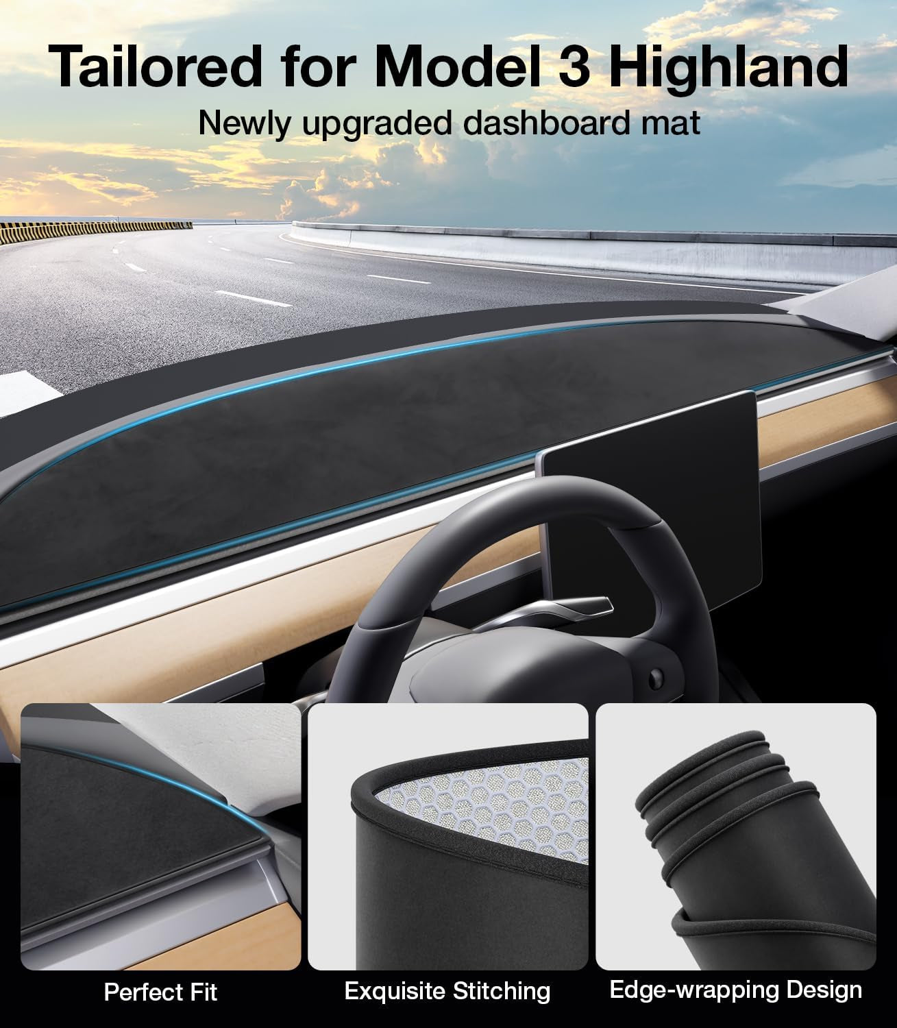 2024 Upgrade Tesla Model 3 Highland Accessories Dashboard Cover [Anti-Glare and Sun Protection] Suede Dash Mat for Tesla Model 3 2024, Interior Tesla Accessories (Black)