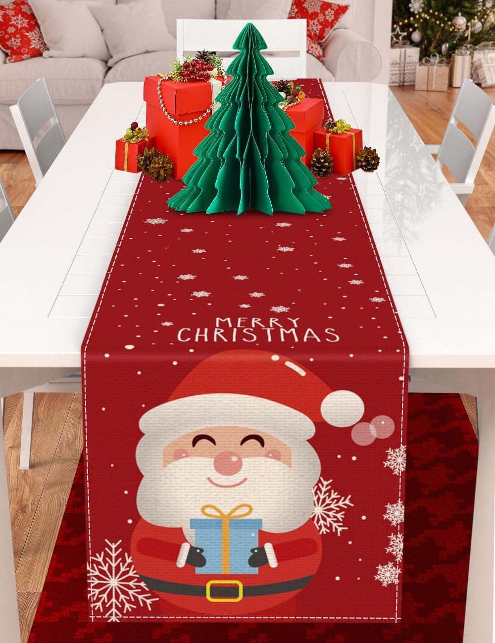Set of 2 Christmas Table Runner, Including Linen Christmas Trees Table Runner, Merry Christmas Santa Claus Table Runner for Xmas Holiday Seasonal Winter Decoration Indoor Party Wedding 90In