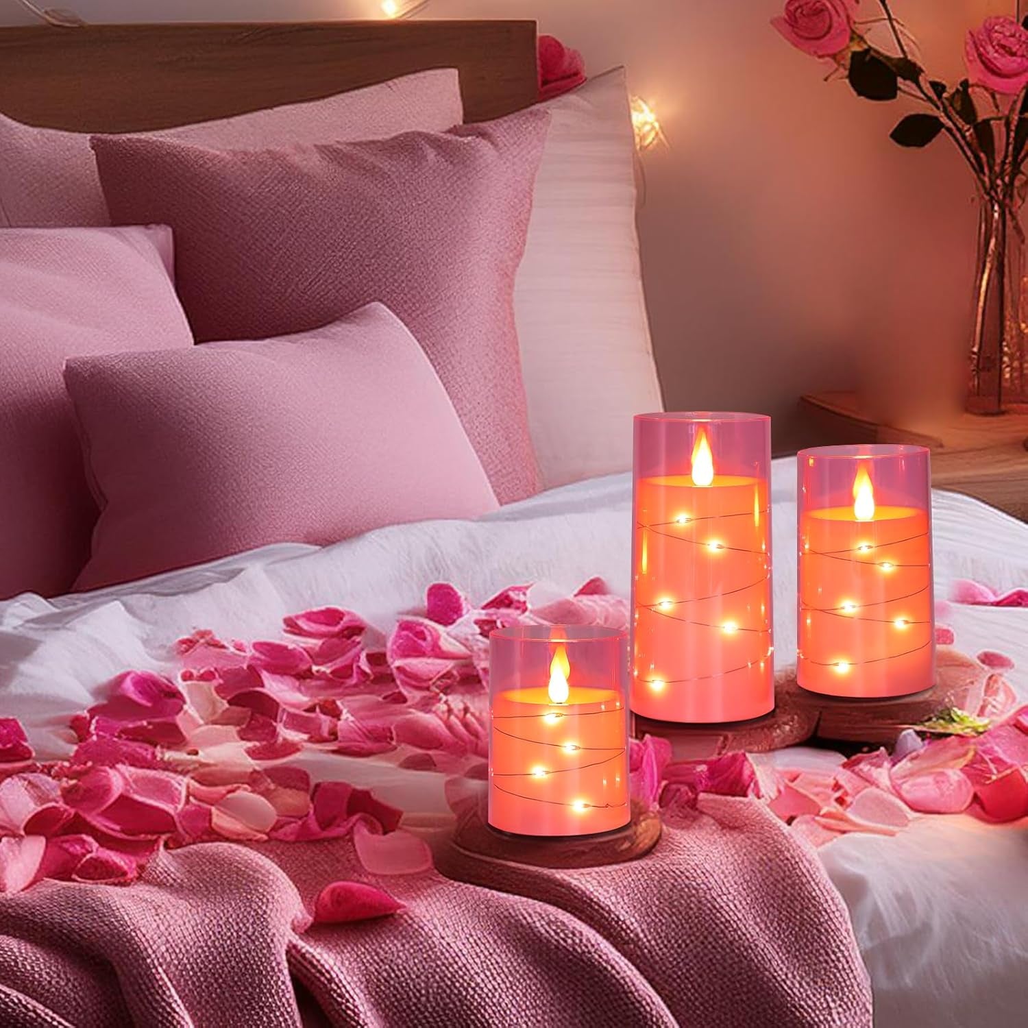 Flickering Flameless Candles Battery Operated Candles LED Candles with Remote Timer for Home/Wedding/Birthday/Holiday Decor, Cherry Blossom Pink 3D Flame Set of 3 (D3 Xh4 5" 6")