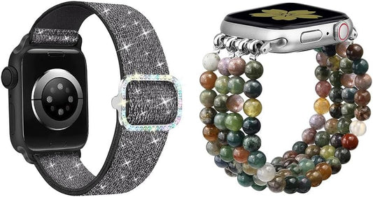 Bling Stretchy Nylon Band Stone Bracelet Beaded-Bands Women Compatible with Apple Watch Band 38Mm 40Mm 41Mm 42Mm (S10) Cute Handmade Elastic Stretch Strap for Iwatch Series 10/9/8/76/5/4/3