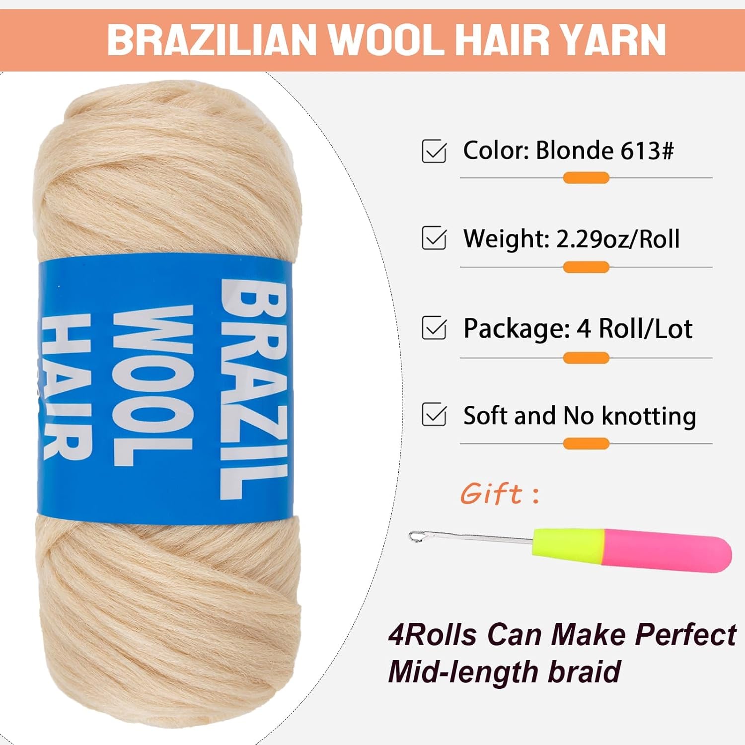 4 Pcs Blonde Brazilian Wool Hair for Braids Acrylic Hand Knitting Yarn for Crochet Box Braid Senegalese Twisting Jumbo Braids Faux Locs Crochet Hair Braiding Hair Extension(#613)